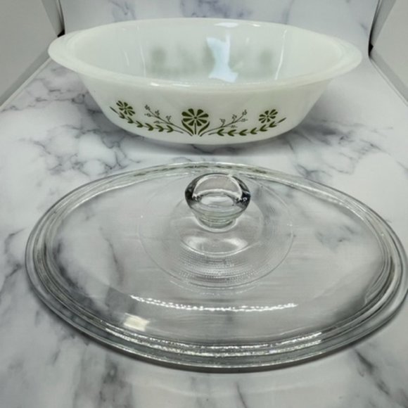 Vintage Glasbake PRIMROSE DREAM Oval Green Floral Daisy Casserole with Lid J-235 - Picture 5 of 8